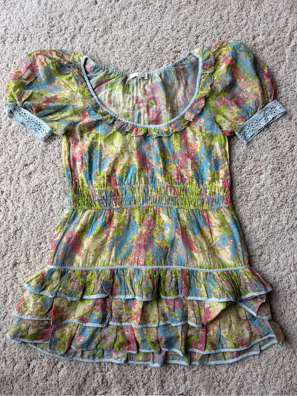 LoveShackFancy Floral Ruffle Mini Dress in Blue, Green, Pink